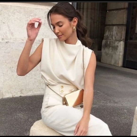 ZARA CREAM PLEATED TOP ECRU SLEEVELESS HIGH NECK - Picture 3 of 3